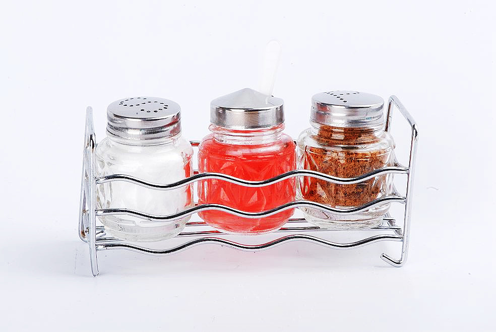 GLASS SALT PEPPER AND MUSTARD SET