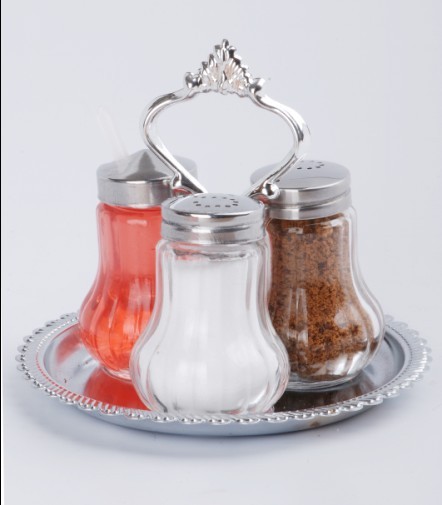 GLASS SALT PEPPER AND MUSTARD SET