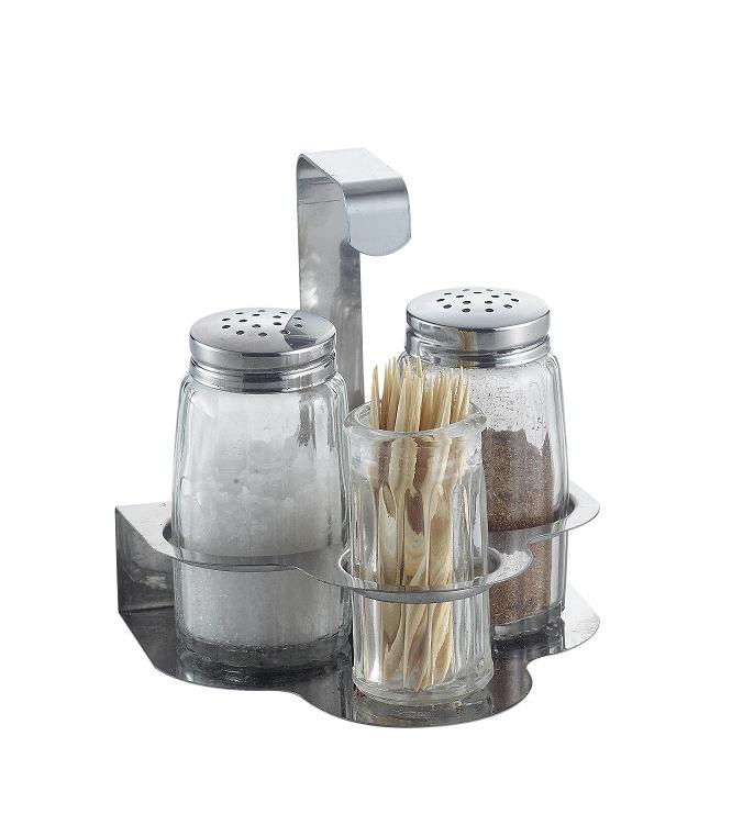 GLASS SALT PEPPER AND TOOTHPICK SET