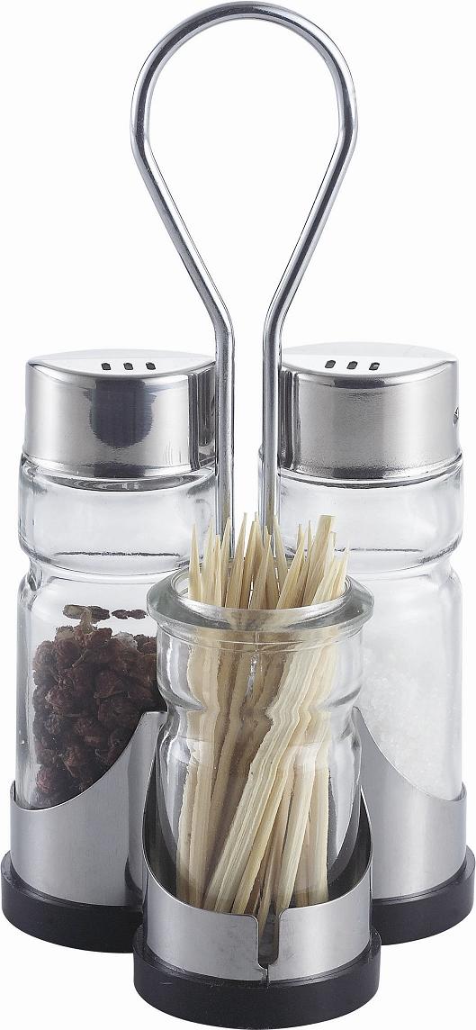GLASS SALT PEPPER AND TOOTHPICK SET