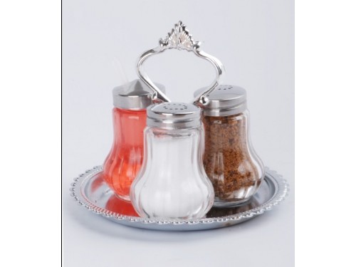GLASS SALT PEPPER AND MUSTARD SET