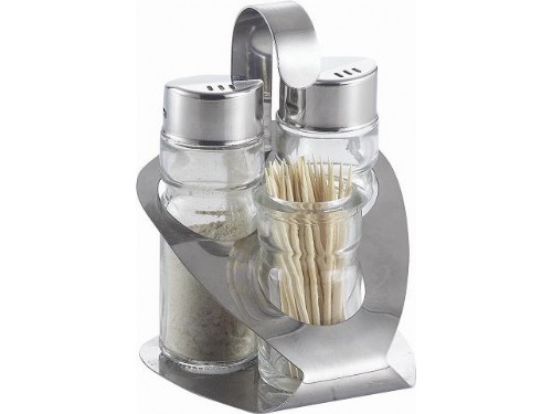 GLASS SALT PEPPER AND TOOTHPICK SET